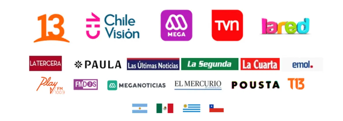 Medios: Canal 13, Chilevisión, Mega, TVN, La Red, La Tercera, Paula, Las Últimas Noticias, La Segunda, La Cuarta, El Mercurio y más